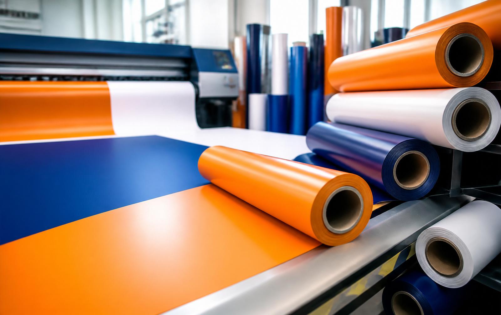 Rolls of vivid vinyl banner material in a large-format print shop